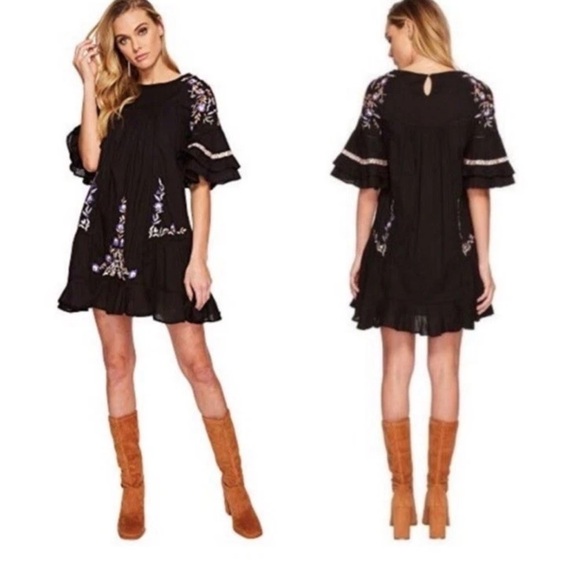 Free People Dresses & Skirts - Free People Pavlo Embroidered Ruffle Mini Dress Black Women’s  Size Small